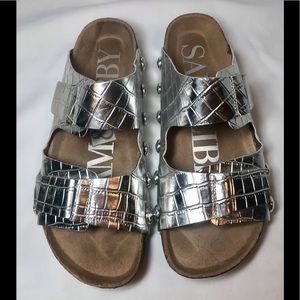 Sam Libby Silver Metallic Croc Birkenstock Style